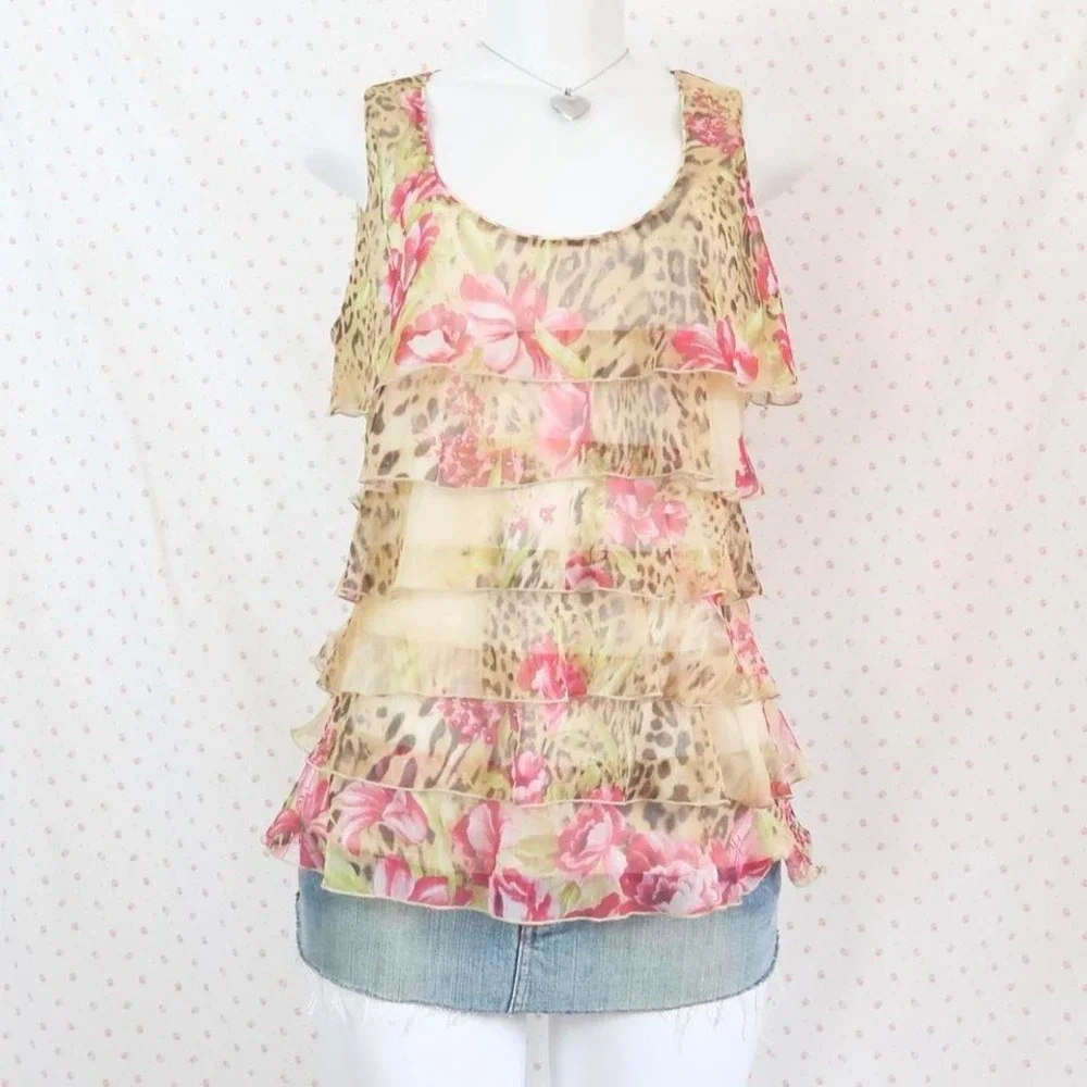 Eclipse Leopard Floral Ruffle Tank Top Y2K McBling - Picture 1 of 4